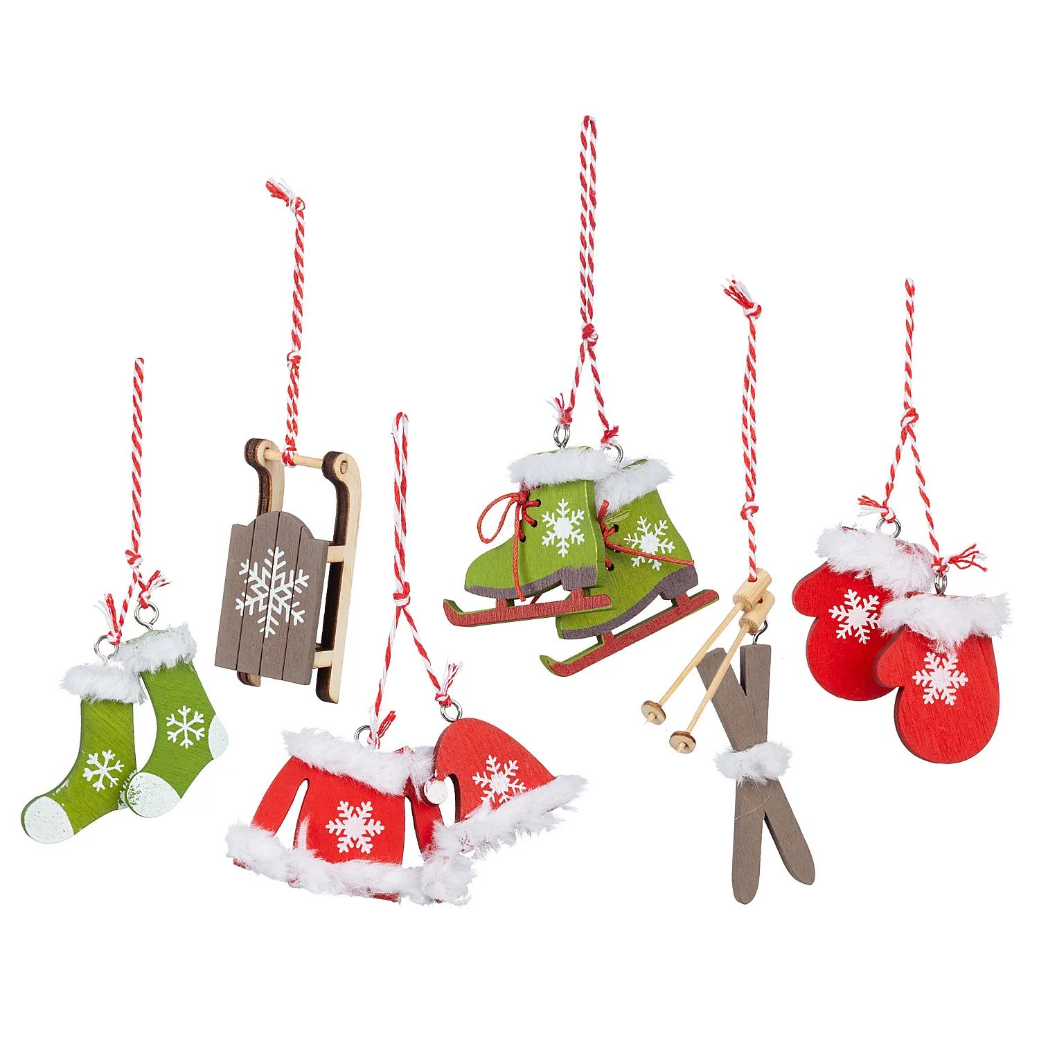 Suspensions "Noël", rouge/vert/taupe, 3 - 7,5 cm, 6 pièces