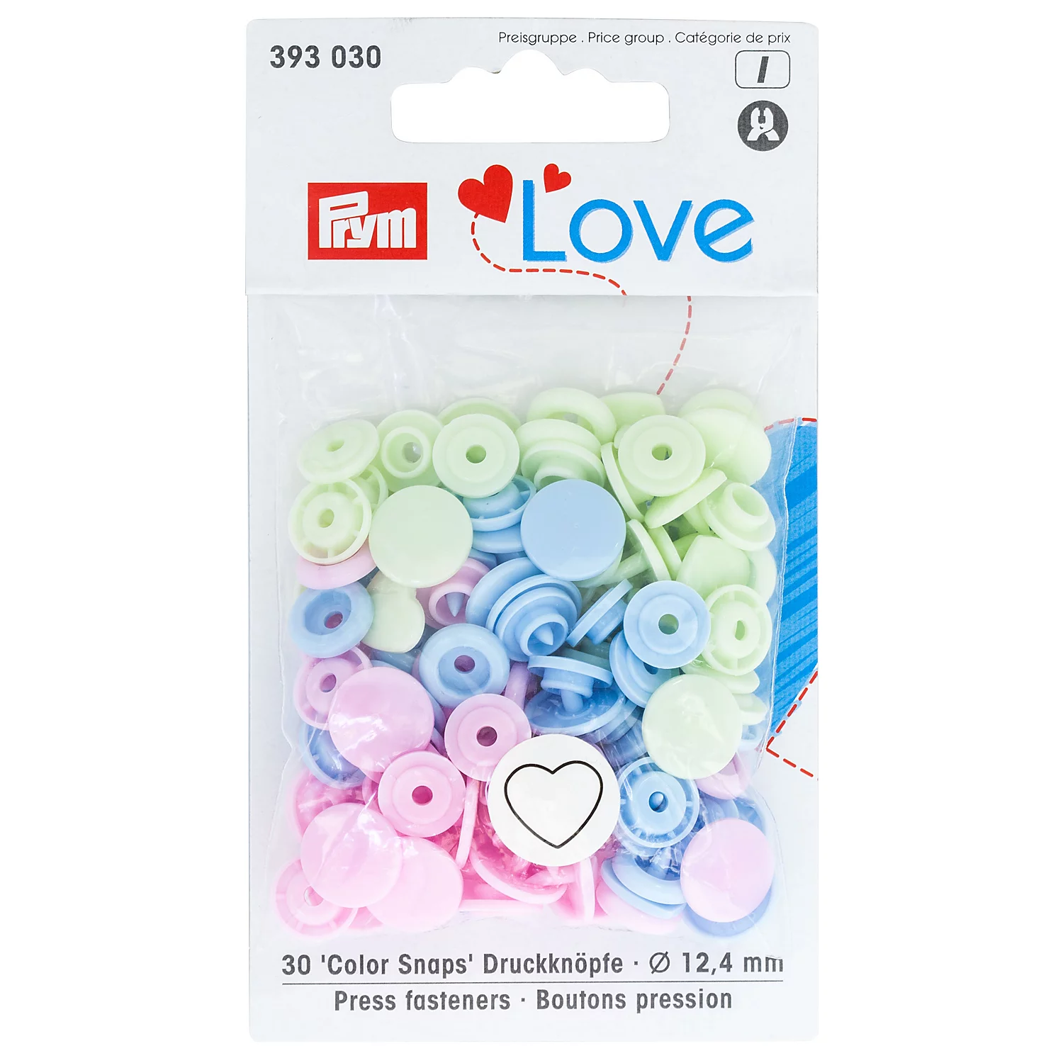 Prym Druckknöpfe Color Snaps Herz, rosa/grün/hellblau, 12,4 mm Ø, 30 Stück
