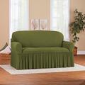 Red Barrel Studio® Textured Squares Ruffled Box Cushion Loveseat Slipcover Polyester in Green | 2.36 H x 70 W x 70 D in | Wayfair