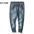 KSTUN-Jean Denim Vintage pour Homme Pantalon Sarouel Rétro Bleu Ajustement At Patchwork