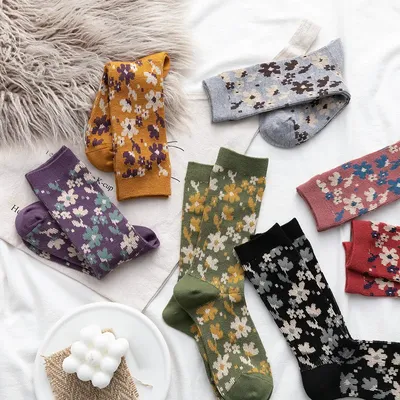 Chaussettes Vintage à fleurs pour femmes en coton confortables respirantes décontractées Style