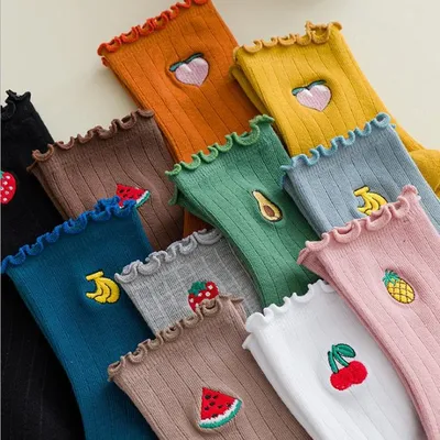 Chaussettes à volants de fruits brodés pour femmes dessin animé mignon avocat banane aquarelle