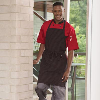 Uncommon Chef 3018 Black and Red Pinstripe Customizable Poly-Cotton Butcher Bib Apron with 2 Pockets - 34" x 23"