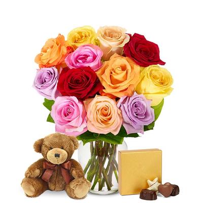 Flowers - One Dozen Rainbow Roses with Chocolates ...