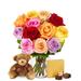 Flowers - One Dozen Rainbow Roses with Chocolates & Bear