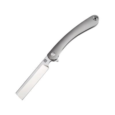 Artisan Cutlery Orthodox Framelock Folding Knife 5.13in Closed 3.75in Satin Bohler M390 SS Blade Gray Titanium Handle Pocket Clip Metal Tin Black