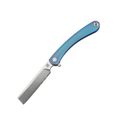 Artisan Cutlery Orthodox Framelock Folding Knife 5in Closed 3.5in Damascus Steel Blade Blue Titanium Handle Pocket Clip Metal Tin Black Nylon Zippered