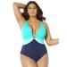 Plus Size Women's Colorblock V-Neck One Piece Swimsuit by Swimsuits For All in Blue (Size 14)