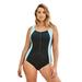 Plus Size Women's Zip-Front One-Piece with Tummy Control by Swim 365 in Black White Blue Sea (Size 16) Swimsuit