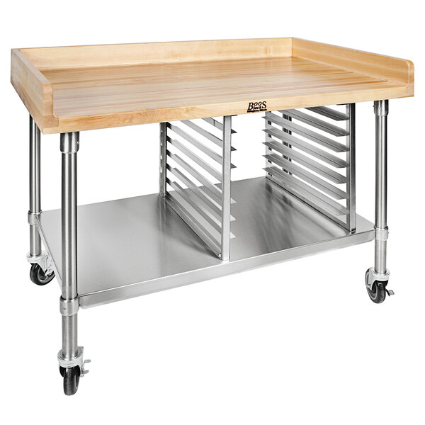 John Boos & Co. BAK01 Wood Top Mobile Baker's Table with Stainless Steel Base, Undershelf, and Bun Pan Rack - 30" x 48"