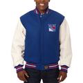 Men's JH Design Blue/White New York Rangers Big & Tall All-Wool Leather Full-Snap Jacket