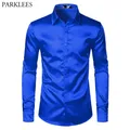 Chemise en Satin de soie bleu Royal pour hommes marque de luxe coupe cintrée pour fête de