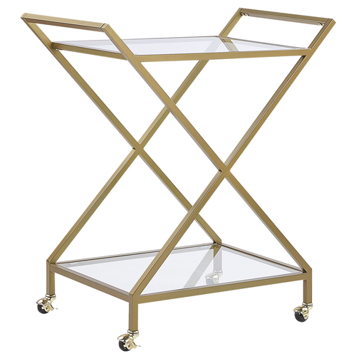 Servierwagen Gold 84 x 78 x 44 cm mit 2 Griffen aus Eisen und 2 Böden aus Sicherheitsglas Mobil Funktional Wohnzimmer Küche