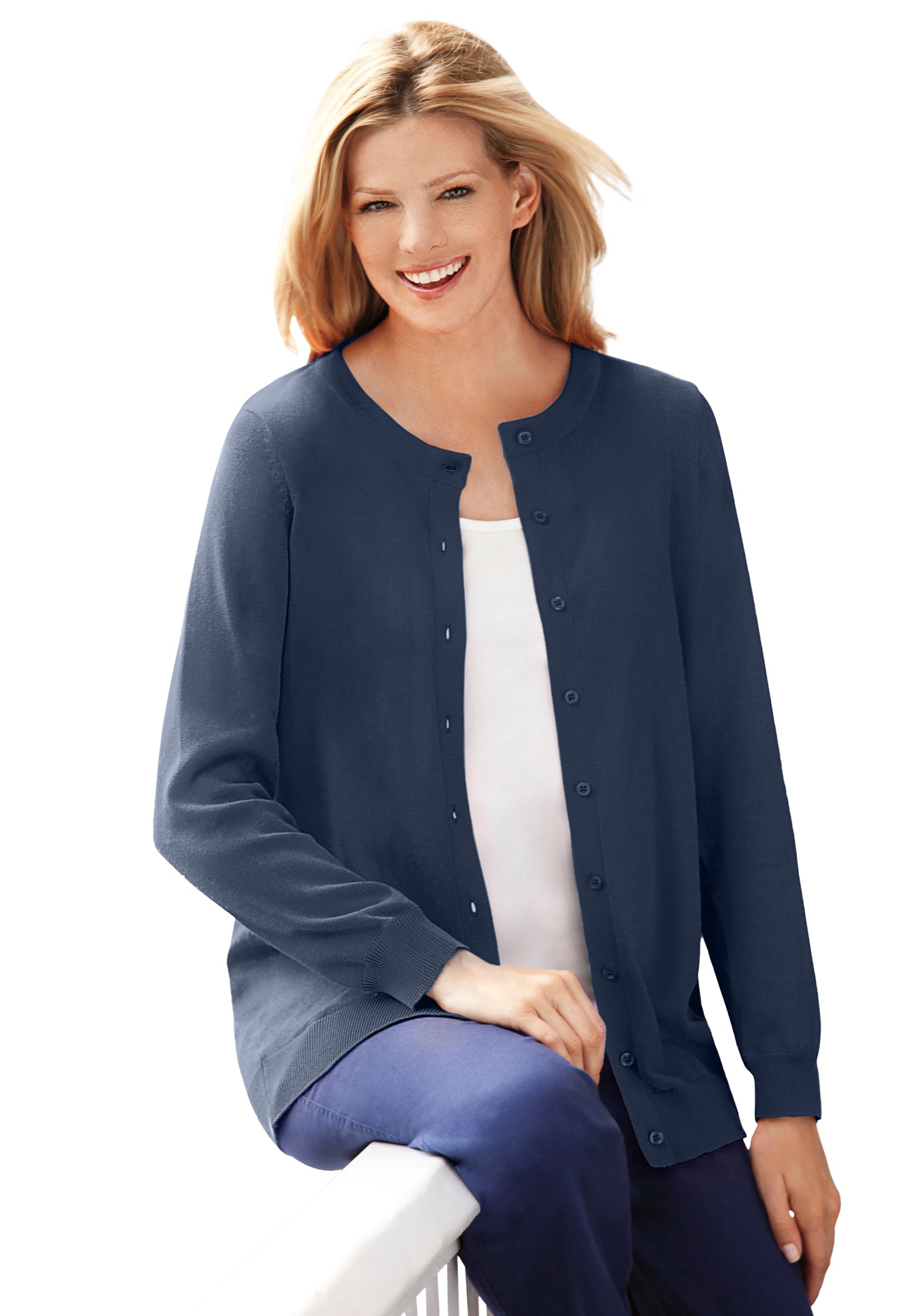 Plus Size Women's Perfect Long-Sleeve Cardigan by Woman Within in Navy (Size L) Sweater