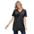 Plus Size Women's Perfect Short-Sleeve Shirred V-Neck Tunic by Woman Within in Black (Size 1X)