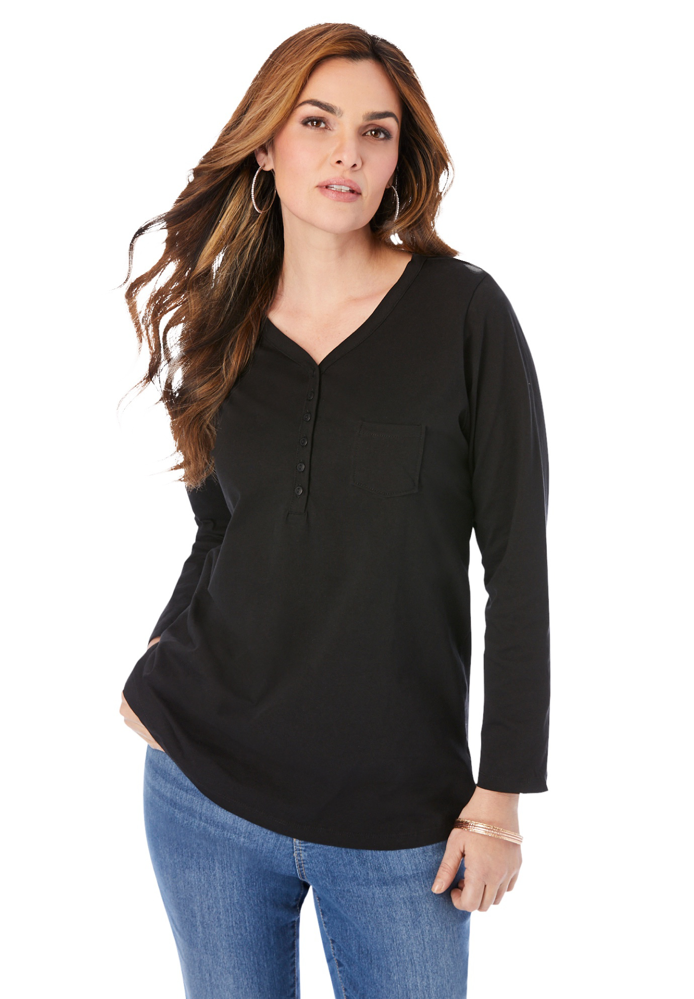 Plus Size Women's Ultimate Long Sleeve Henley Tee with Sweetheart Neck by Roaman's in Black (Size 4X) 100% Cotton Shirt