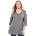 Plus Size Women's Perfect Three-Quarter Sleeve Shirred V-Neck Tee by Woman Within in Medium Heather Grey (Size 18/20) Shirt