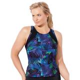 Plus Size Women's Chlorine Resistant High Neck Racerback Tankini Top by Swimsuits For All in Neon Palm (Size 20)