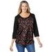 Plus Size Women's Three-Quarter Sleeve Baseball Tee by Woman Within in Black Graphic Floral (Size L) Shirt