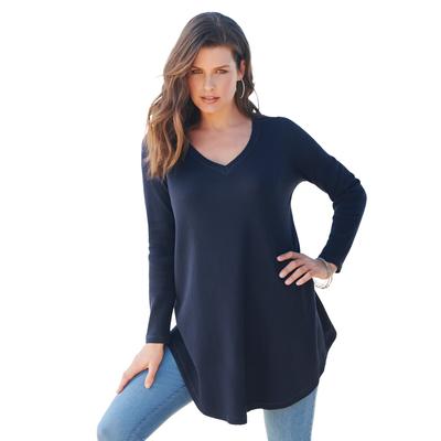 Plus Size Women's V Neck Thermal Swing Tunic by Roaman's in Navy (Size 34/36) Long Sleeve Shirt