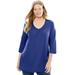 Plus Size Women's Perfect Three-Quarter Sleeve Shirred V-Neck Tee by Woman Within in Ultra Blue (Size 14/16) Shirt