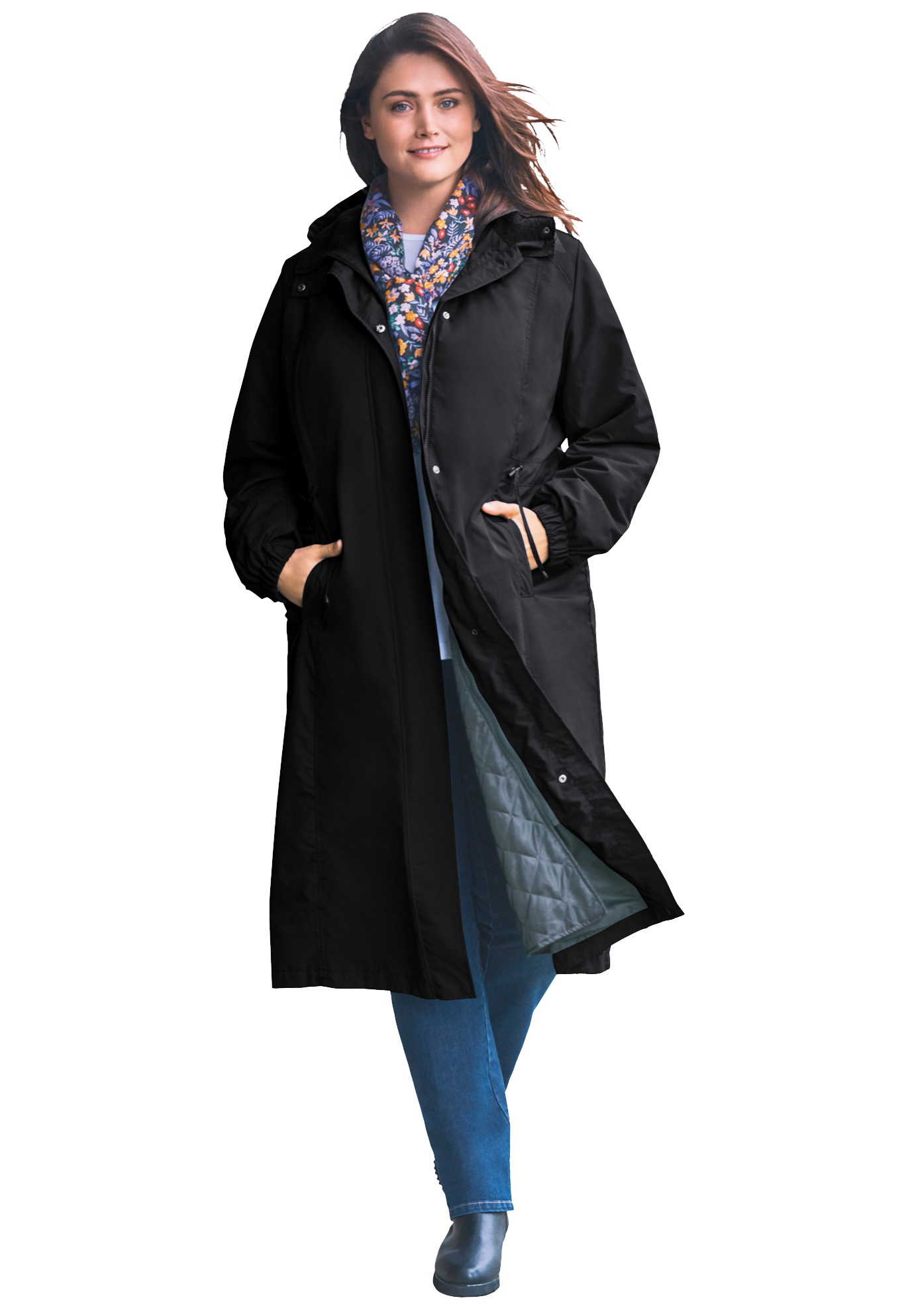 Plus Size Women's Long Hooded Taslon® Jacket by Woman Within in Black (Size 30/32)
