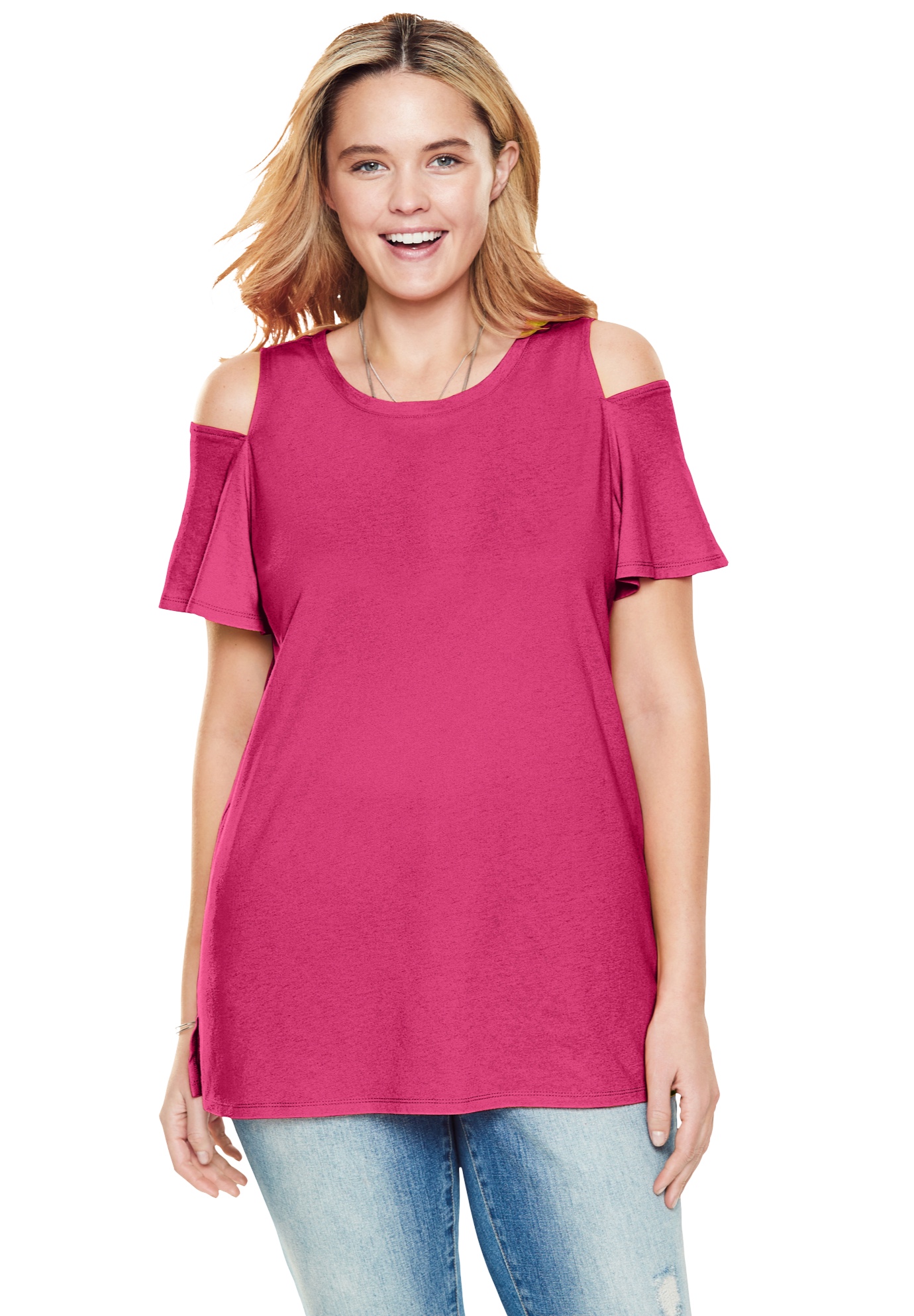 Plus Size Women's Short-Sleeve Cold-Shoulder Tee by Woman Within in Raspberry Sorbet (Size 18/20) Shirt