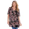 Plus Size Women's Short-Sleeve Angelina Tunic by Roaman's in Black Etched Paisley (Size 36 W) Long Button Front Shirt