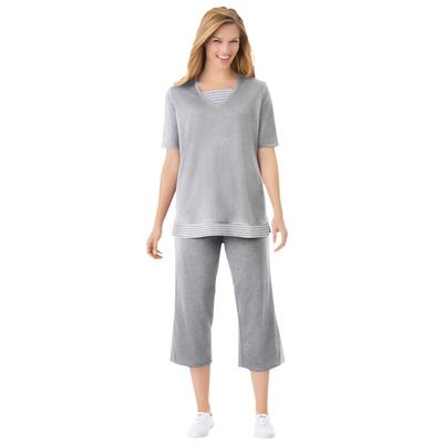 Plus Size Women's Striped Inset & Capri Set by Woman Within in Heather Grey Mini Stripe (Size 26/28) Pants