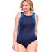 Plus Size Women's Colorblock One-Piece Swimsuit with Shelf Bra by Swim 365 in Navy Dream Blue (Size 34)
