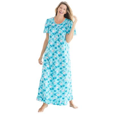 Plus Size Women's Long Floral Print Cotton Gown by Dreams & Co. in Caribbean Blue Roses (Size L) Pajamas