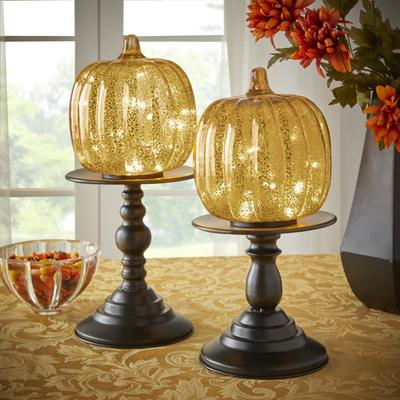 14"H x 6"Diam Pre-Lit Glass Pumpkin on Stand by BrylaneHome in Gold Fall Decor Light Up Decoration