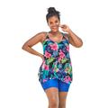 Plus Size Women's Longer Length Mesh Tankini Top by Swim 365 in Black Tropical Floral (Size 18)