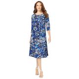 Plus Size Women's Ultrasmooth® Fabric Boatneck Swing Dress by Roaman's in Navy Painted Garden (Size 26/28) Stretch Jersey 3/4 Sleeve Dress