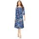 Plus Size Women's Ultrasmooth® Fabric Boatneck Swing Dress by Roaman's in Navy Painted Garden (Size 26/28) Stretch Jersey 3/4 Sleeve Dress