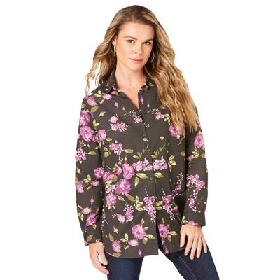 Plus Size Women's Long-Sleeve Kate Big Shirt by Roaman's in Purple Rose Floral (Size 30 W) Button Down Shirt Blouse