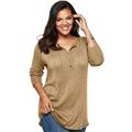Plus Size Women's Fine Gauge Drop Needle Henley Sweater by Roaman's in Soft Camel (Size S)