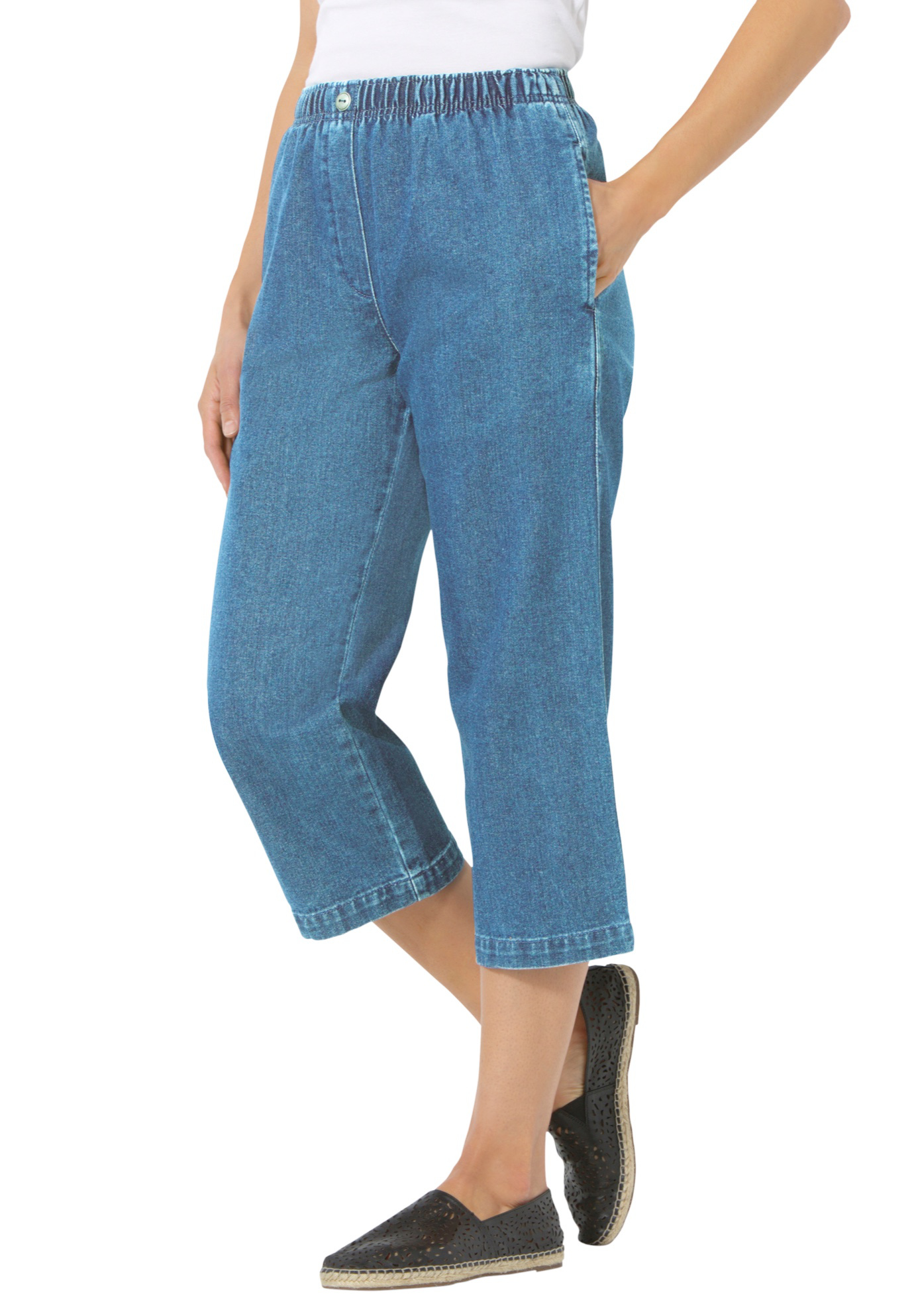 Plus Size Women's 7-Day Elastic-Waist Pull-On Cotton Denim Capri Jeans by Woman Within in Light Stonewash (Size 40 W) Pants
