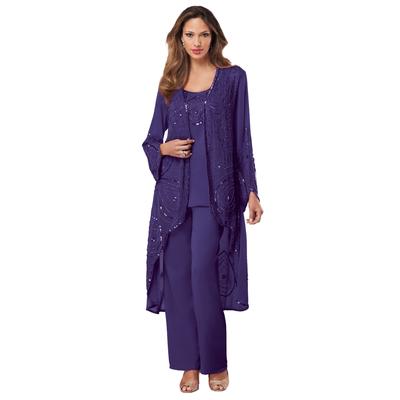 Plus Size Women's Beaded Pant Set by Roaman's in Midnight Violet (Size 30 W) Sheer Jacket Formal Evening Wear