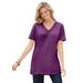 Plus Size Women's Perfect Short-Sleeve Shirred V-Neck Tunic by Woman Within in Plum Purple (Size S)