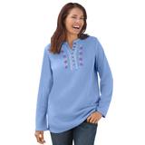 Plus Size Women's Embroidered Thermal Henley Tee by Woman Within in French Blue Vine Embroidery (Size 3X) Long Underwear Top