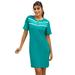 Quarter Zip Striped Track Dress (Size S) Teal, Rayon,Polyester,Spandex