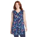 Plus Size Women's Ruched-Shoulder V-Neck Tunic Tank by Woman Within in Navy Delicate Vine (Size 14/16)