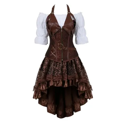 Steampunk – robe Corset gothique en cuir PU haut court chemisier Renaissance avec jupe Burlesque