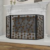 Dakota Fields Uma Gold Metal Foldable Mesh Netting 3 Panel Floral Fireplace Screen Iron in Black/Gray/Yellow | 32 H x 56 W x 1 D in | Wayfair