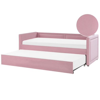 Tagesbett Rosa Cord 90 x 200 cm Doppelbett Ausziehbar mit Lattenrost Nieten Jugendbett Modern Glamour Schlafzimmer Wohnz