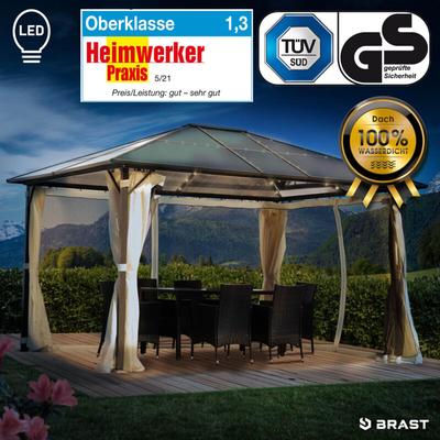 BRAST Alu-Pavillon Premium 3x4m beige festes Dach wasserdicht + Moskitonetz + LEDs