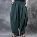 ZANZEA-Pantalon large en coton et lin pour femme vintage couleur unie baggy harem été