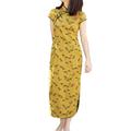 LZJN Women Summer Dress Chinese Cheongsam Long Chinese Modern Qipao Cotton Linen Oriental Style Qipao Dress (Dark Yellow, M)