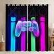 Boys Gamepad Window Curtain Gamer Curtains For Kids Girls Child Son Video Game Window Drapes Chic Purple Blue Black Modern Fashion Game Controller Curtain Bedroom Decor (2 Panels W46*L54)